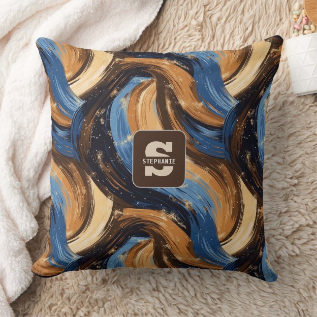 Almofada Pincéis de Abstrato Curly em Azul e Castanho (Cobertor)