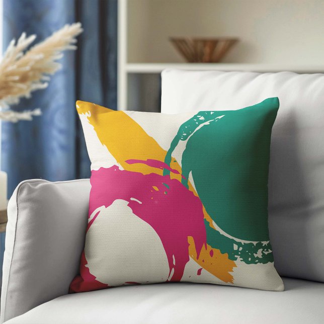 Almofada Pincéis modernos - Rosa, Teal e Amarelo em Creme (Criador carregado)