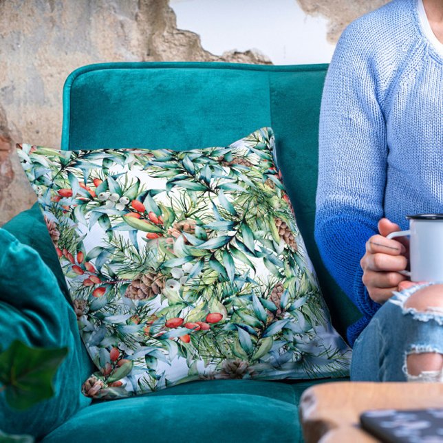 Almofada Pine Cones Winter Berries Festivo Foliday Floral (Criador carregado)