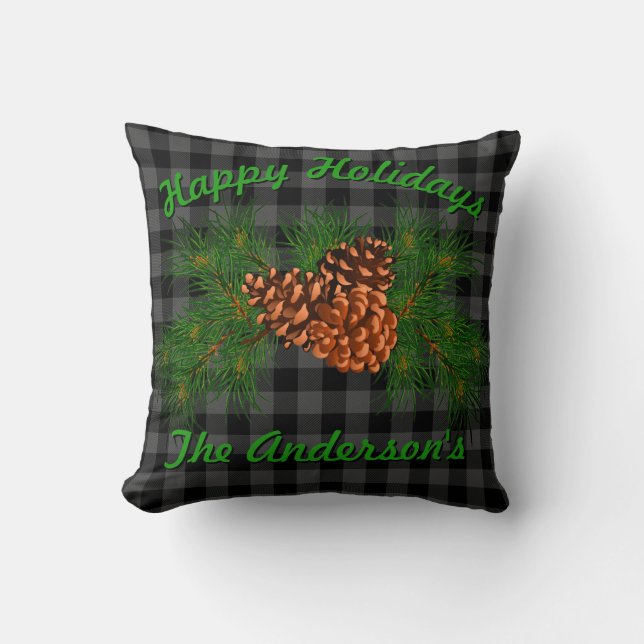 Almofada Pinecone do padrão de xadrez preto clássico (Frente)