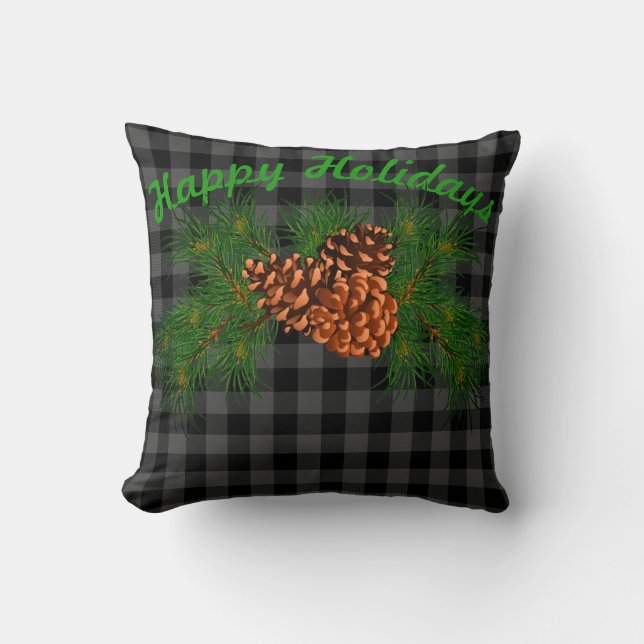 Almofada Pinecone do padrão de xadrez preto clássico (Frente)