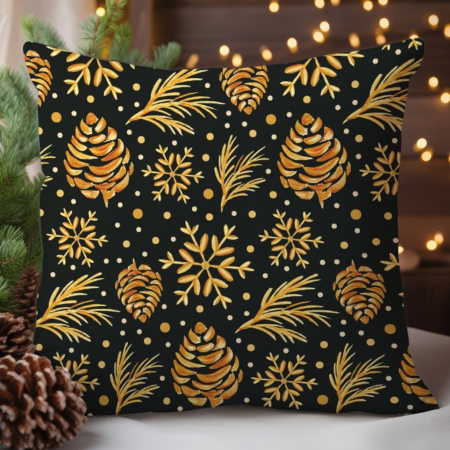 Almofada Pinecone Dourado russo e floco de neve (Criador carregado)