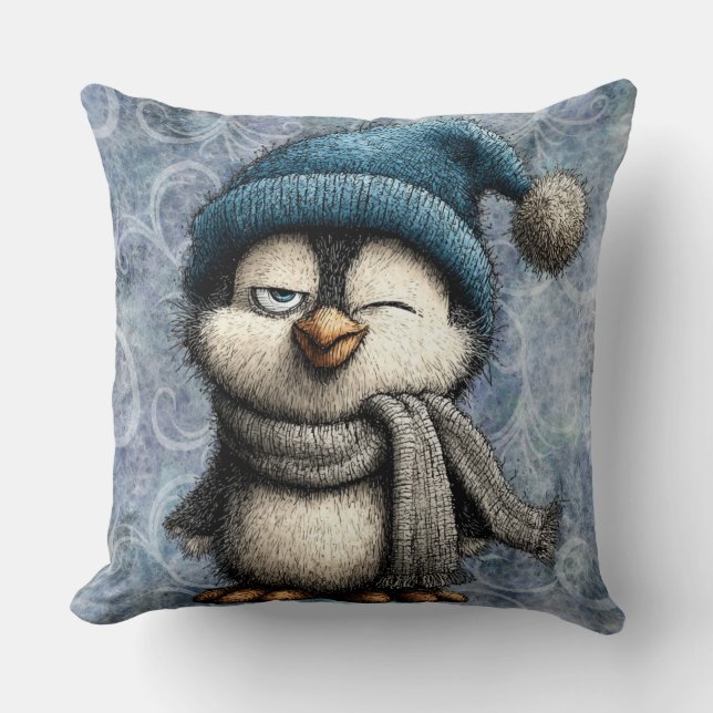 Almofada Pinguim Azul Fofo de Inverno Com Chapéu e Cachecol (Frente)