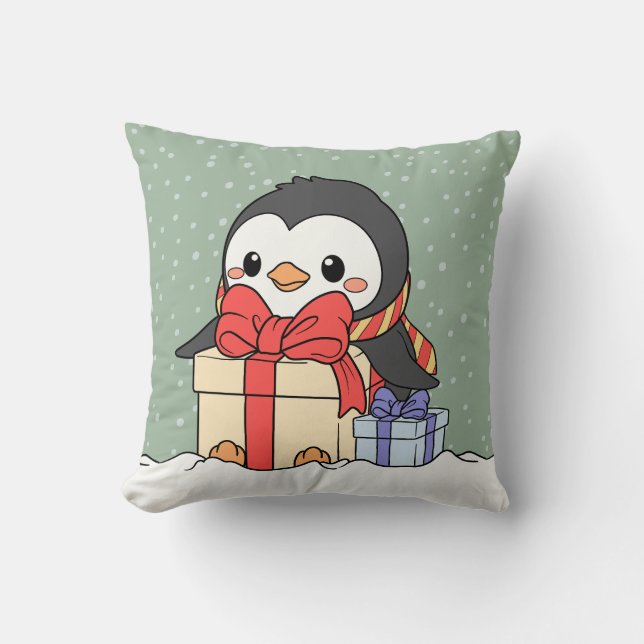 Almofada Pinguim bonito com presentes de Natal na neve (Frente)