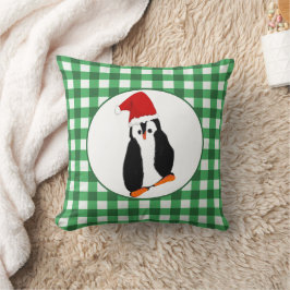Almofada Pinguim em Santa Hat Green Gingham Feliz Natal