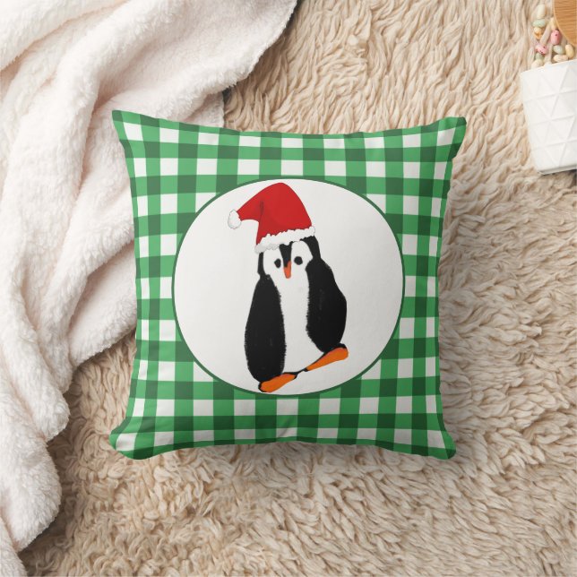 Almofada Pinguim em Santa Hat Green Gingham Feliz Natal (Cobertor)