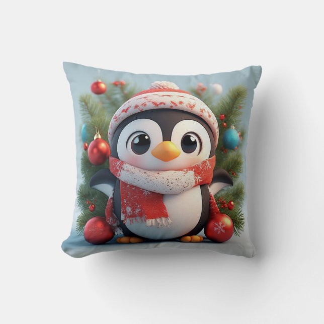 Almofada Pinguim Festivo Decorado Com Enfeites de Feriado (Frente)