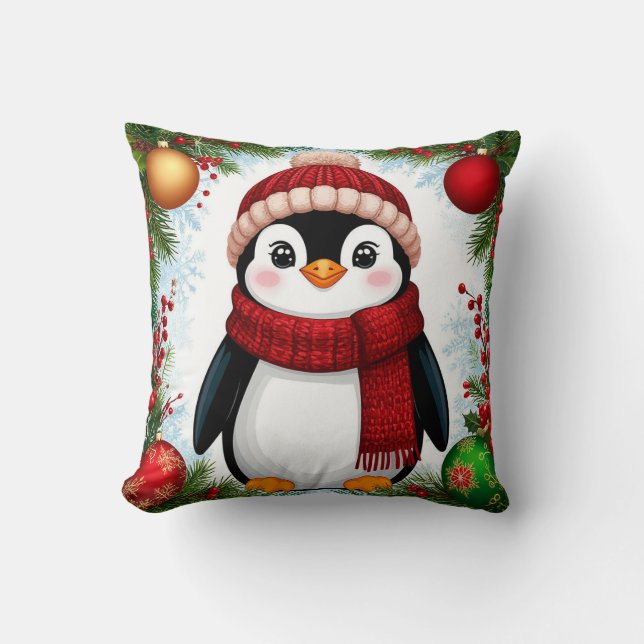 Almofada Pinguim Festivo Decorado Com Enfeites de Feriado (Frente)