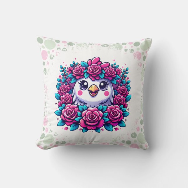 Almofada Pinguim Fofo com Grinalda de Rosa (Frente)