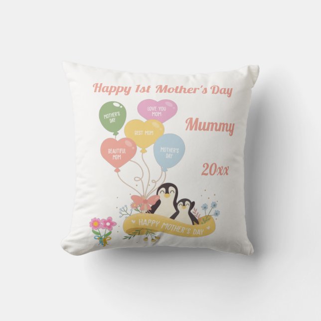 Almofada Pinguins 1º Dia das Mães Branco (Frente)