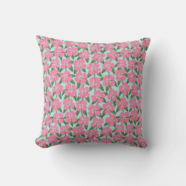 Almofada pinheiro florado cor-de-rosa estampado em aqua (Frente)