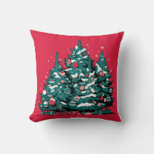 Pinheiros e enfeites de natal de fundo vermelho