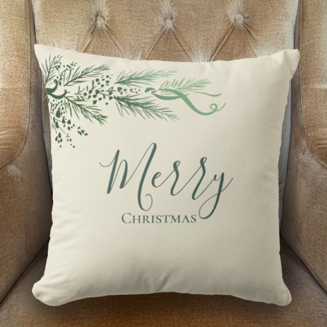Almofada Pinho Único Moderno Personalizado Feliz Natal (Add your name to the back of this pillow. My hand drawn pine Merry Christmas sage and cream decor.)