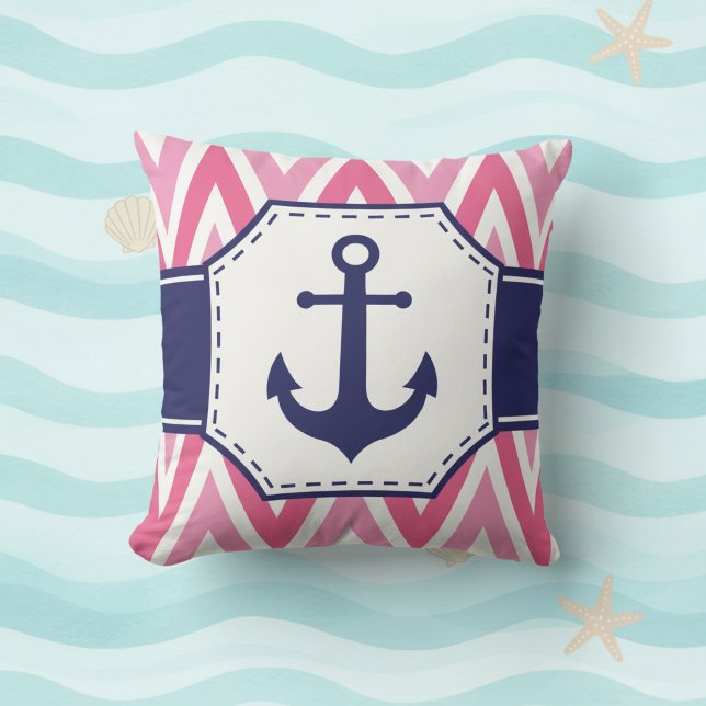 Almofada Pink and Navy Anchor Throw Pillow (Pink chevron and navy blue anchor decorative throw pillow.)