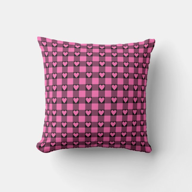 Almofada Pink Black Buffalo Heart Plaid (Frente)