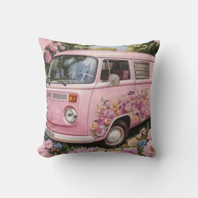 Almofada Pink Bus Beach Wall Art, Retro Van Print Californa (Frente)