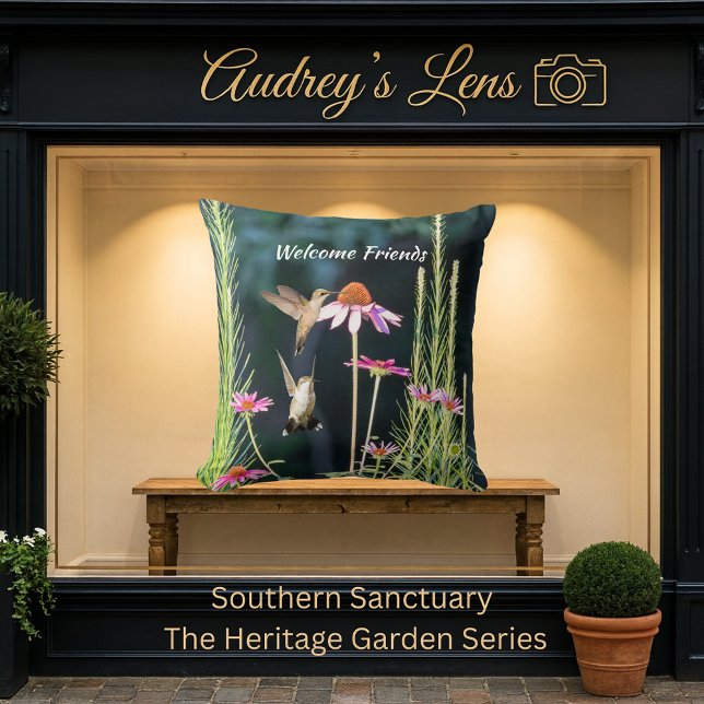 Almofada Pink Coneflower & Hummingbirds Welcome (Criador carregado)