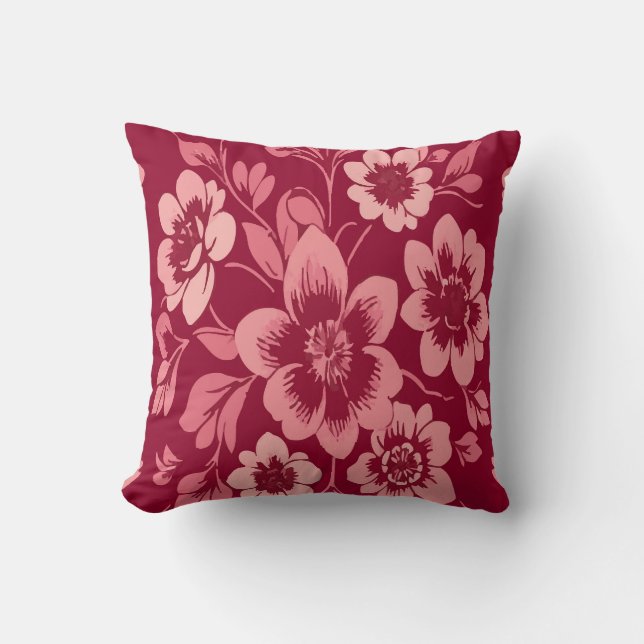 Almofada Pink Floral Pattern on Maroon Background (Frente)