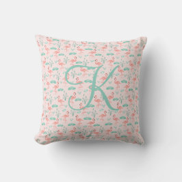 Almofada Pink Green Flamingo Monogram Tropical Birds