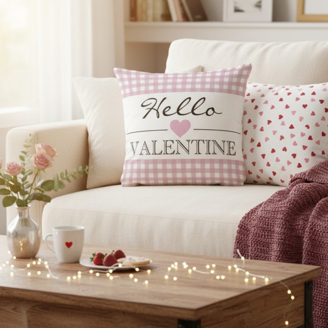 Almofada Pink Hello Valentine Plaid Gingham (Criador carregado)