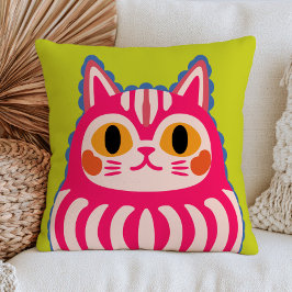 Almofada Pink Japanese Neko Cat Daruma Doll on Bright Green