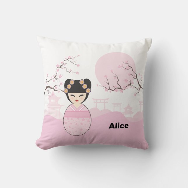 Almofada Pink Kokeshi Doll Typical Japanese Landscape (Frente)