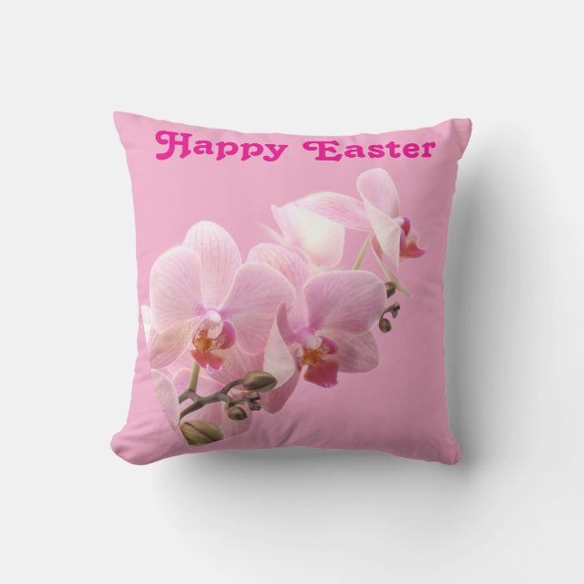 Almofada Pink Orchids “Happy Easter” Throw Pillow (Frente)