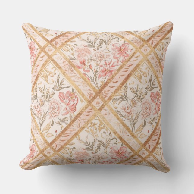 Almofada Pink Peach Florals Flowers Pattern and Ribbon (Frente)