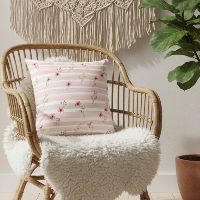 Almofada Pink Watercolor Floral Stripe Pattern (Criador carregado)