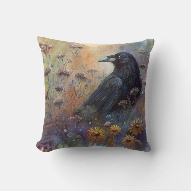 Almofada Pintado à Mão Raven com Flores Selvagens (Frente)