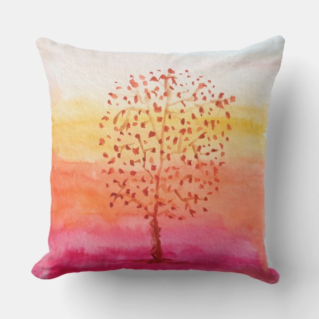 Almofada Pintado com a Mão de Aquarela do Sunset de Árvore (Frente)