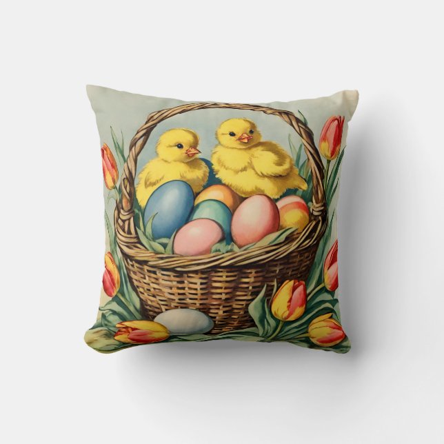 Almofada Pintinhos de Páscoa com tulipas (Frente)