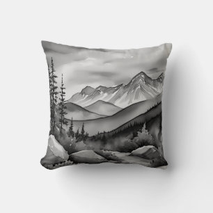 Almofada Pintura da paisagem branca e preta de montanhas