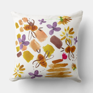 Almofada Pintura de Abelha Amarela Floral com Aquarela à Mã