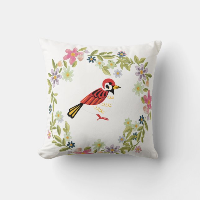 Almofada Pintura de arte plural e desenho de aves (Frente)