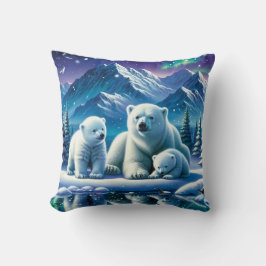 Almofada Pintura de Cena Neve da Família Polar Bear