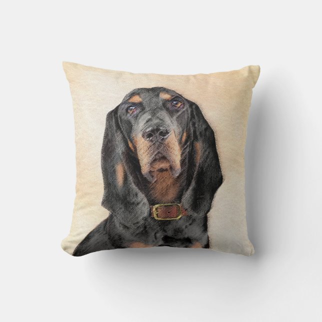 Almofada Pintura de Coonhound Preto e Cão - Arte Original (Frente)