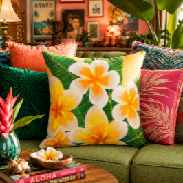 Almofada Pintura de Flor de Plumeria Vibrante Verde Amarelo