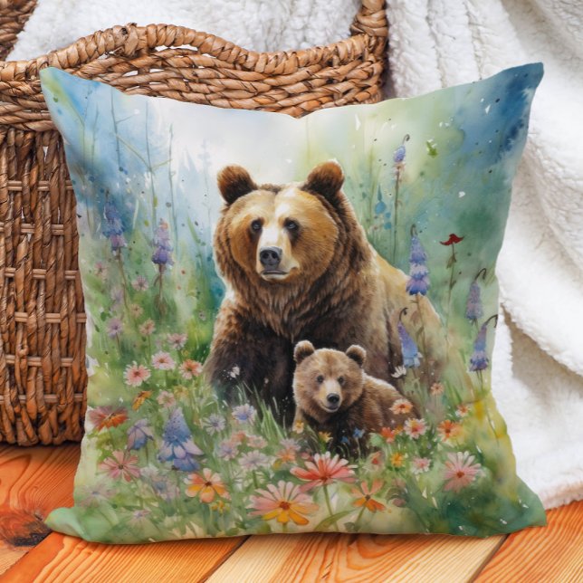 Almofada Pintura de Flores do Urso-Rinzeiro Mãe (Mother grizzly bear and cub painting pillow)