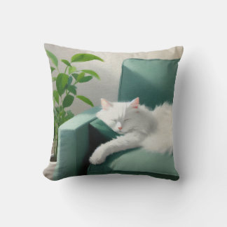 Almofada Pintura de Gato Dormindo em um Golpe Verde