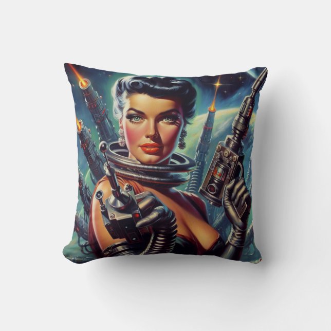 Almofada Pintura de Mulher do Sci-Fi Retro (Frente)