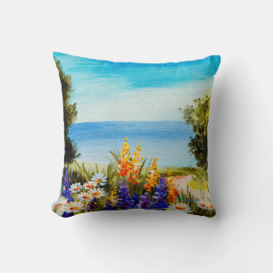 Almofada pintura de óleo de flores perto do mar, campo de c