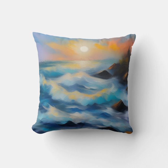 Almofada Pintura de ondas de mar azul claro sob o sol (Frente)