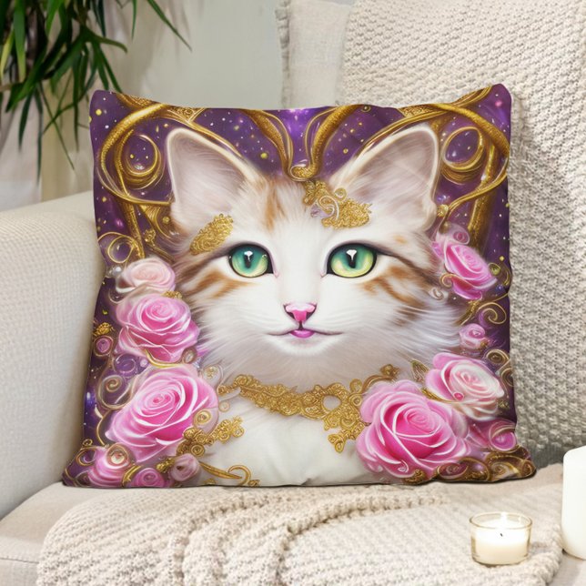 Almofada Pintura de Rosas Dourados, Rosa Gata (Cute cat, pink roses, gold, and purple pillow)