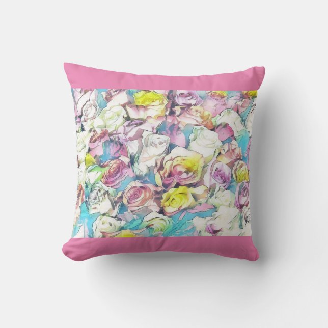 Almofada Pintura de rosas rosa, amarelas e brancas (Frente)