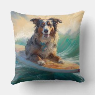 Almofada Pintura de Surf na Praia do Australian Shepherd