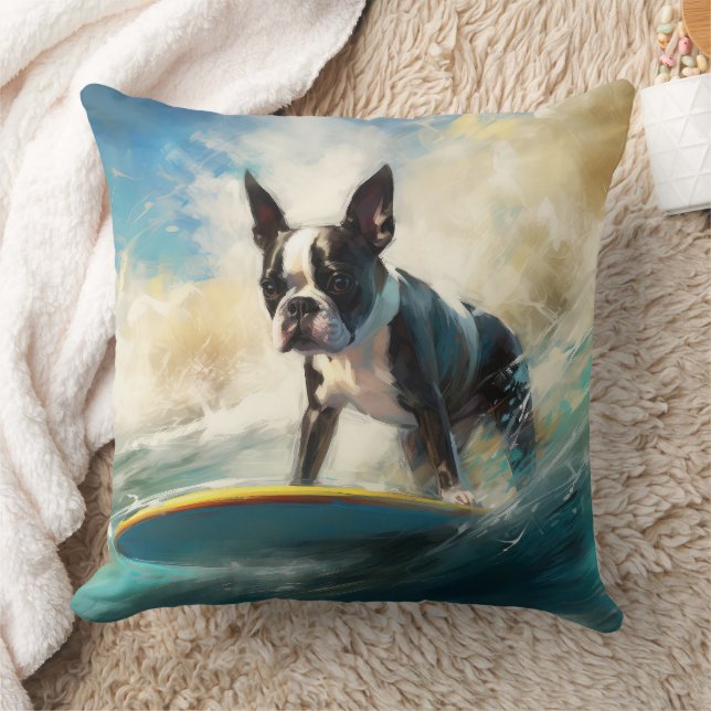 Almofada Pintura de Surf na Praia do Boston Terrier (Cobertor)