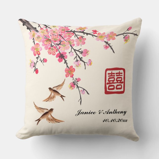 Almofada Pintura de tinta chinesa floral casamento de pássa (Frente)