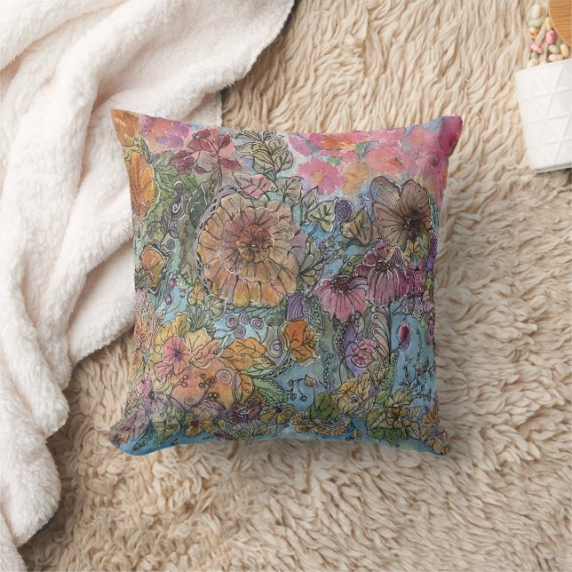 Almofada Pintura em Aquarela Jardim de Flores Boho Chic  (Cobertor)