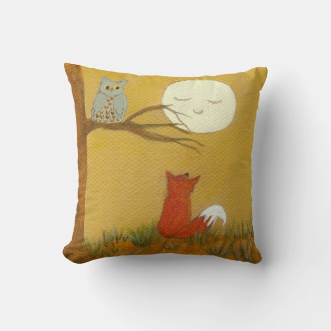 Almofada Pintura Primitiva Madeira Fox Owl Moon (Frente)